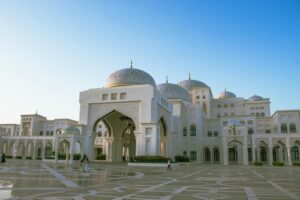 Scenic view of Qasr Al Watan palace at sunrise in Abu Dhabi, UAE showcasing stunning architecture.