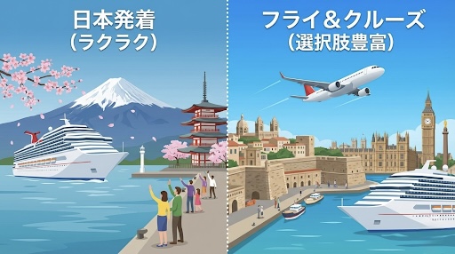 世界一周クルーズには日本発着と外国発着の大きく2種類がある。日本発着は日本船がほとんど、海外発着は選択肢が豊富。