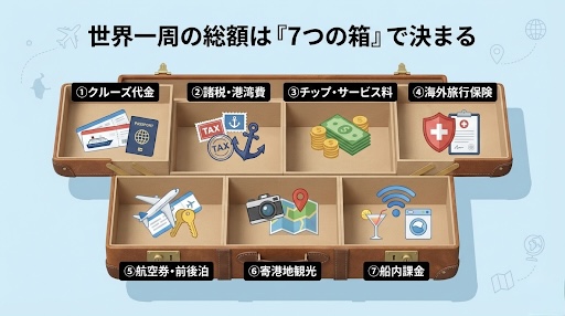 クルーズ代金以外に6つの費用が発生するから、総額で検討することがとても大切。
