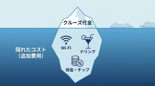 クルーズの総額はクルーズ代金の2-3割増しが一般的。隠れたコストを見落とさないようにアツラエに相談がおすすめ。