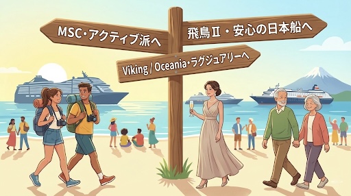 煌びやかが好みか、シックで落ち着いた雰囲気が好みか...クルーズ船のブランドがあなたに合う合わないが長期乗船には重要ポイントです。