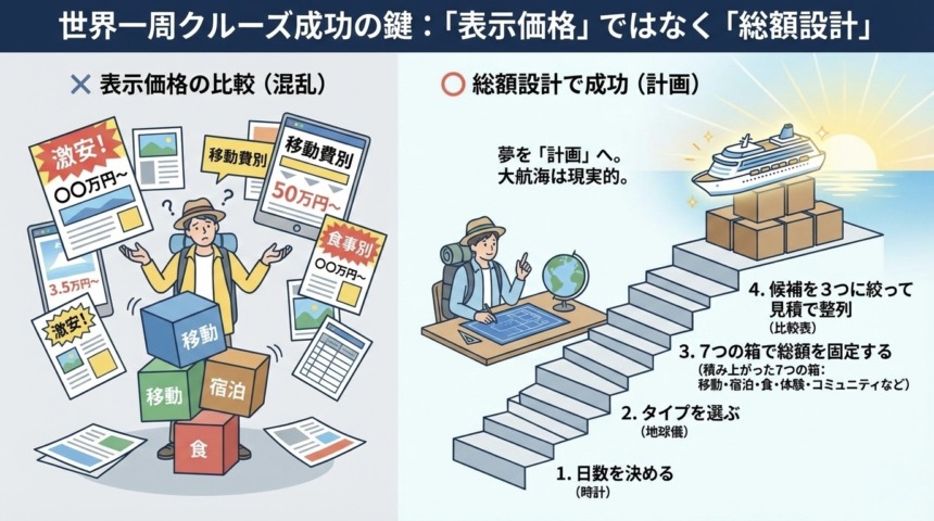 世界一周クルーズは表面的な価格ではなく総額で判断するのが正解です。